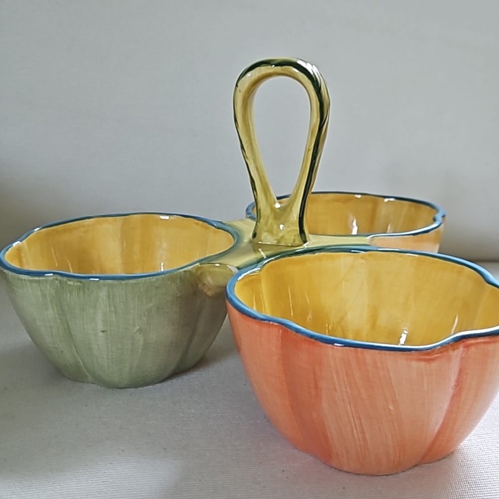 PIER I IMPORTS Provance 3 Bowl Condiment Dish With Handle Yellow Orange Green
